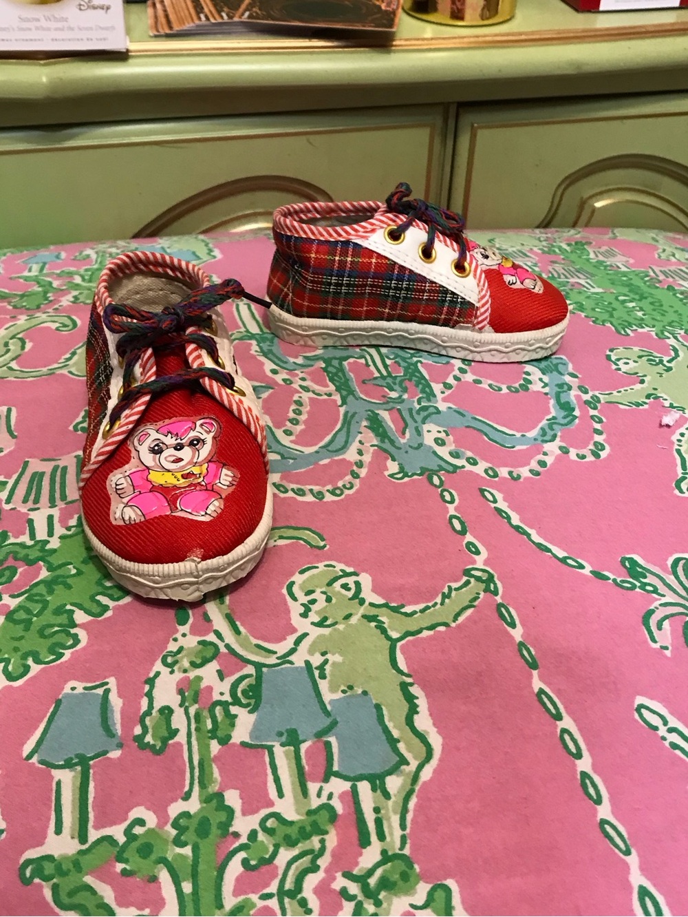 Vintage Red Tartan Plaid Canvas Sneakers with Bear Graphic baby shoes size 16